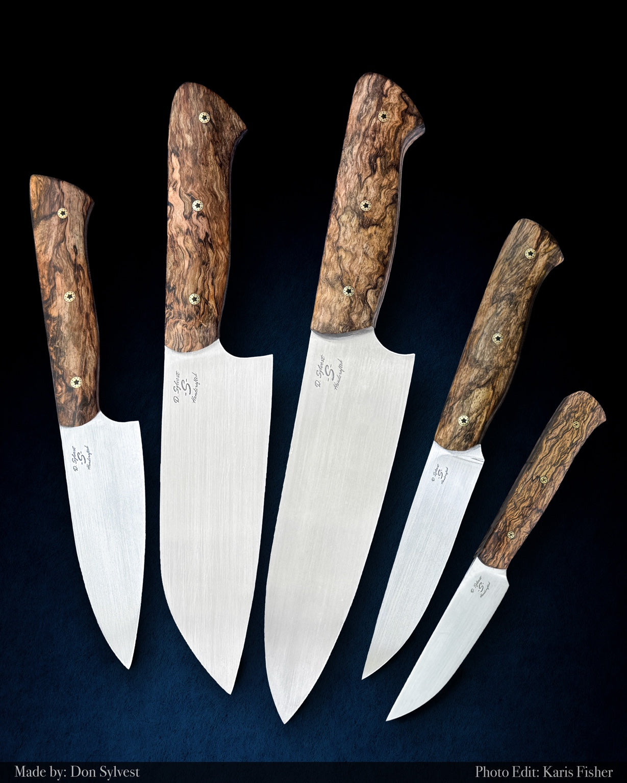 Five handcrafted Bar S Bar kitchen knives made by Don Sylvest